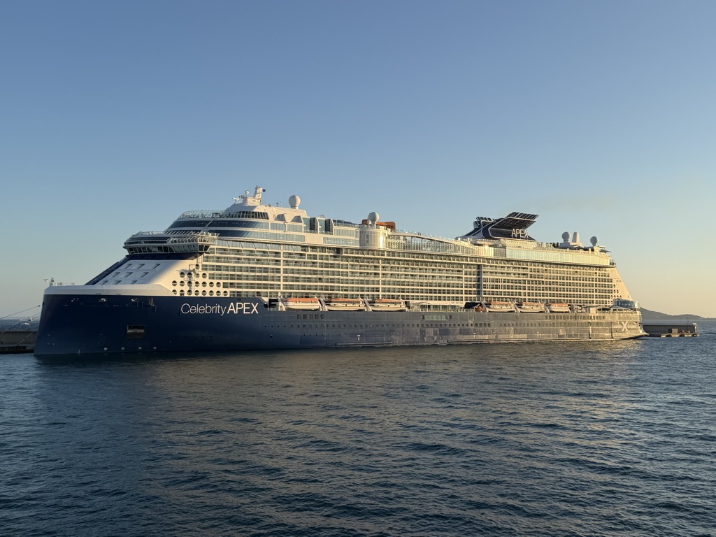 The Celebrity Apex seen broadside from across the water at golden hour, moored along the breakwater. The dark navy hull carries the words Celebrity APEX in white near the bow, with rows of white lifeboats slung along the superstructure and tier upon tier of balcony cabins above, topped by the glass-domed observation lounge and the funnel lettered APEX. Low evening light warms the white upper decks against a pale, cloudless blue sky, and the calm harbour water in the foreground is a deep rippled blue.