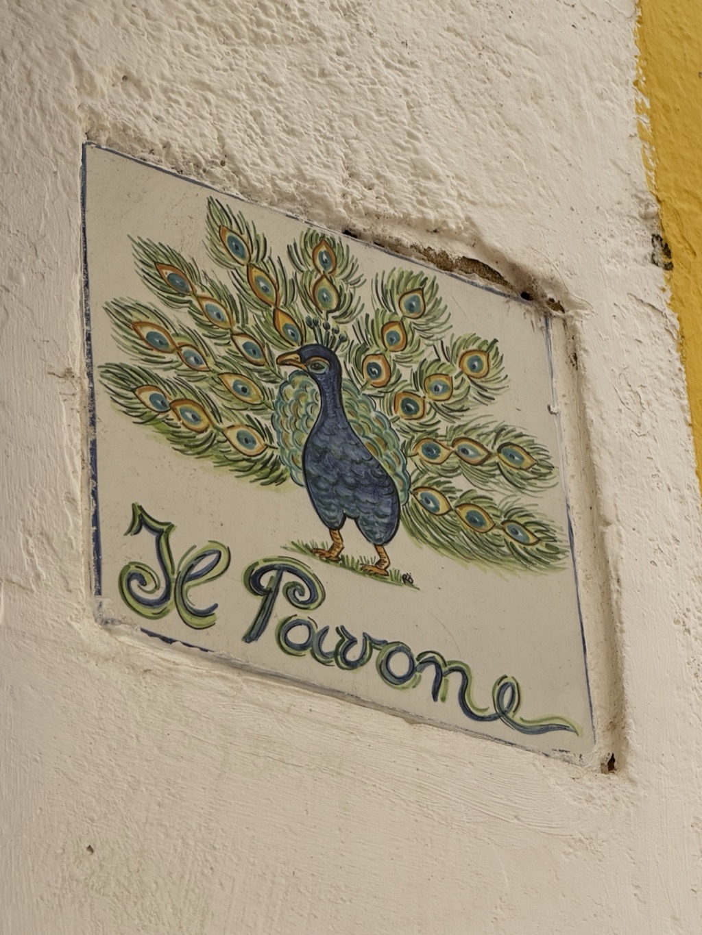 A hand-painted ceramic tile sign set into a thick whitewashed wall, photographed at an angle. The tile shows a peacock in profile in blue-grey with its tail fanned out in green and ochre eye feathers, standing on a sprig of grass, with the words Il Pavone lettered beneath in flowing blue and green script. The rendered wall around it is rough and uneven, and a band of bright yellow paint runs down the wall at the right edge of the frame.