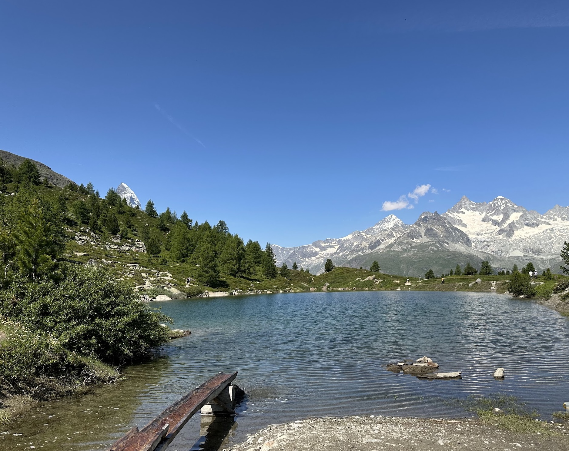 Turquoise alpine lake surrounded by snow-capped peaks and evergreen forest under a clear sky near Zermatt, Switzerland.